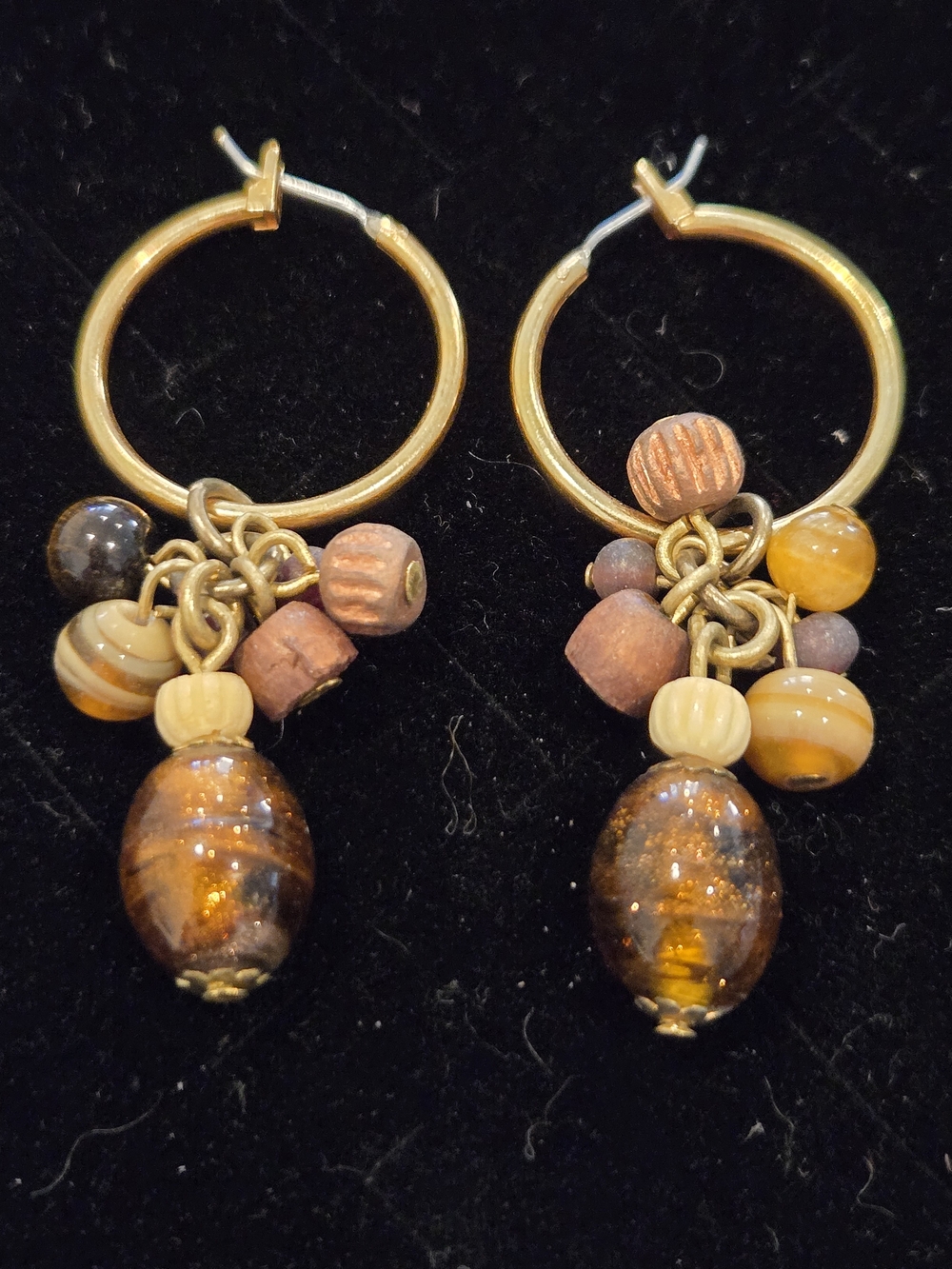 Vintage Brown Glass And Wood Bead Hoop Earrings